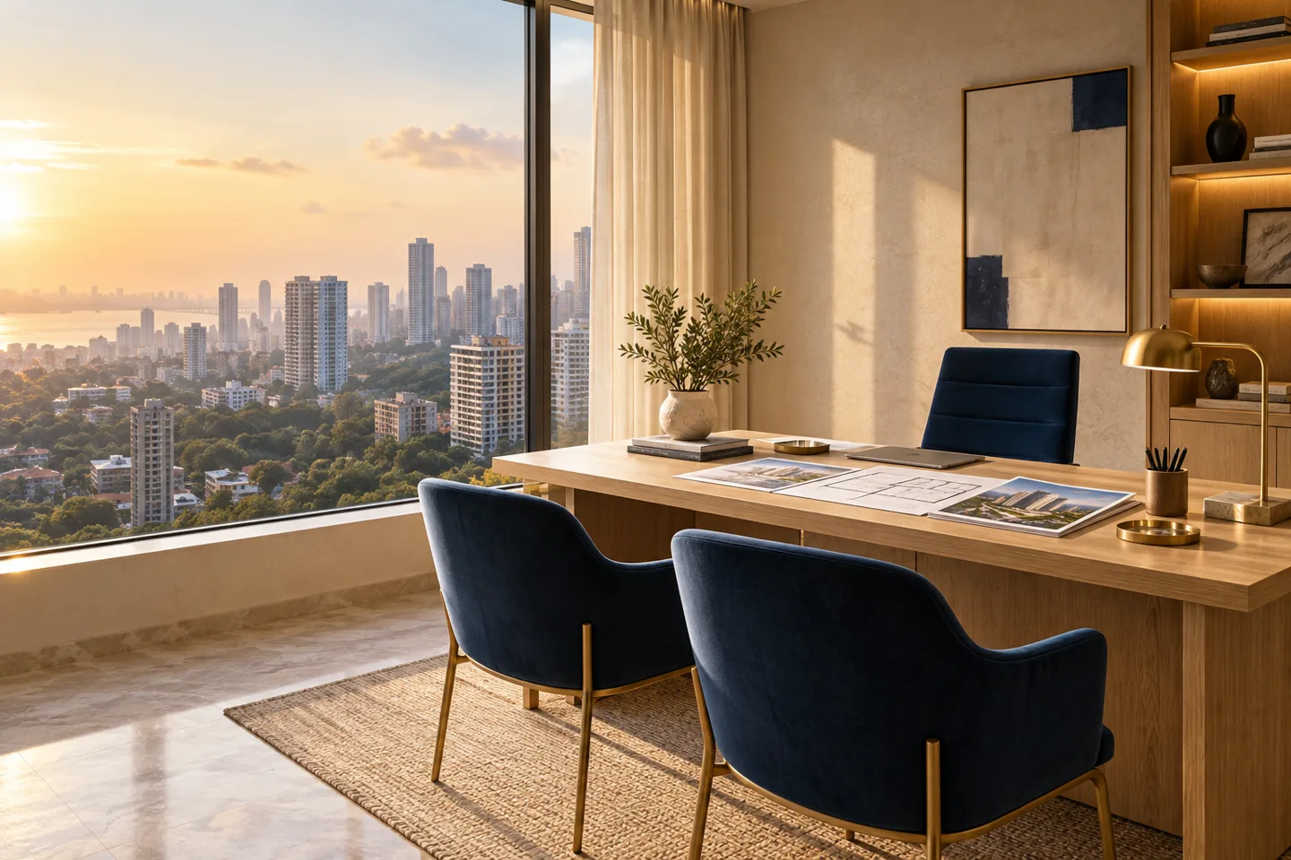 Illustrative property consultation space with a city view