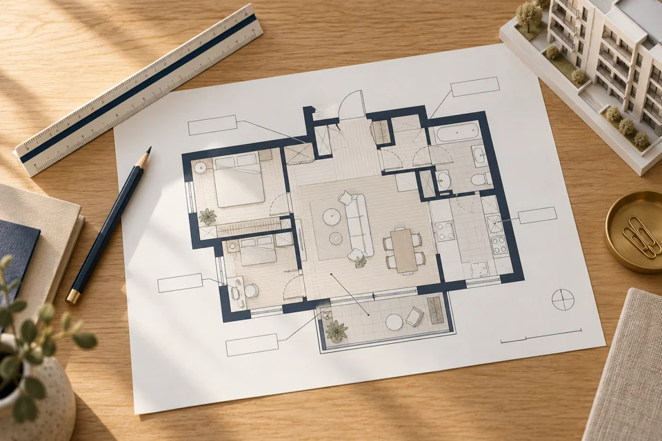 Illustrative apartment floor plan, scale and pencil