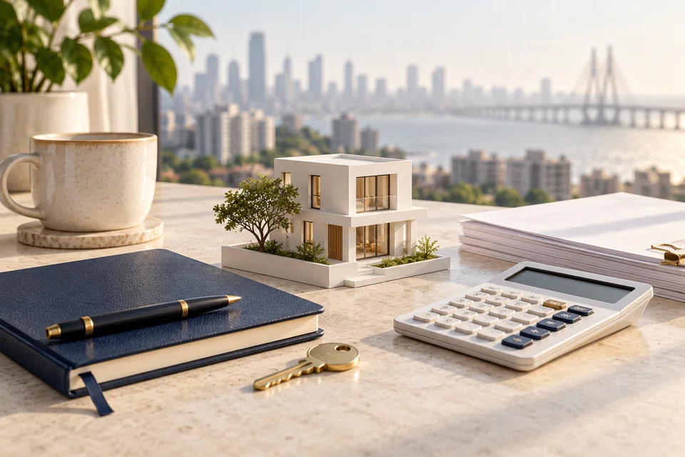 Illustrative home model, calculator and notebook for budget planning