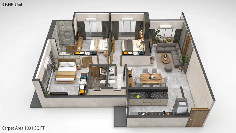 3 BHK layout · 1031 sq ft carpet