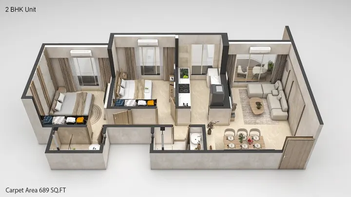 2 BHK layout · 689 sq ft carpet