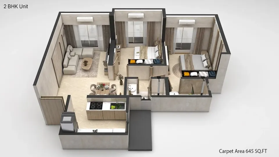 2 BHK layout · 645 sq ft carpet