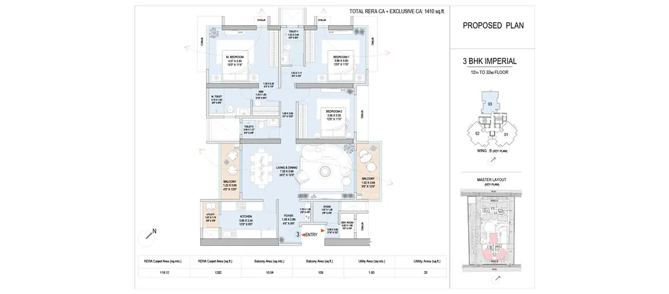 3 BHK Imperial — Wing B, proposed unit plan