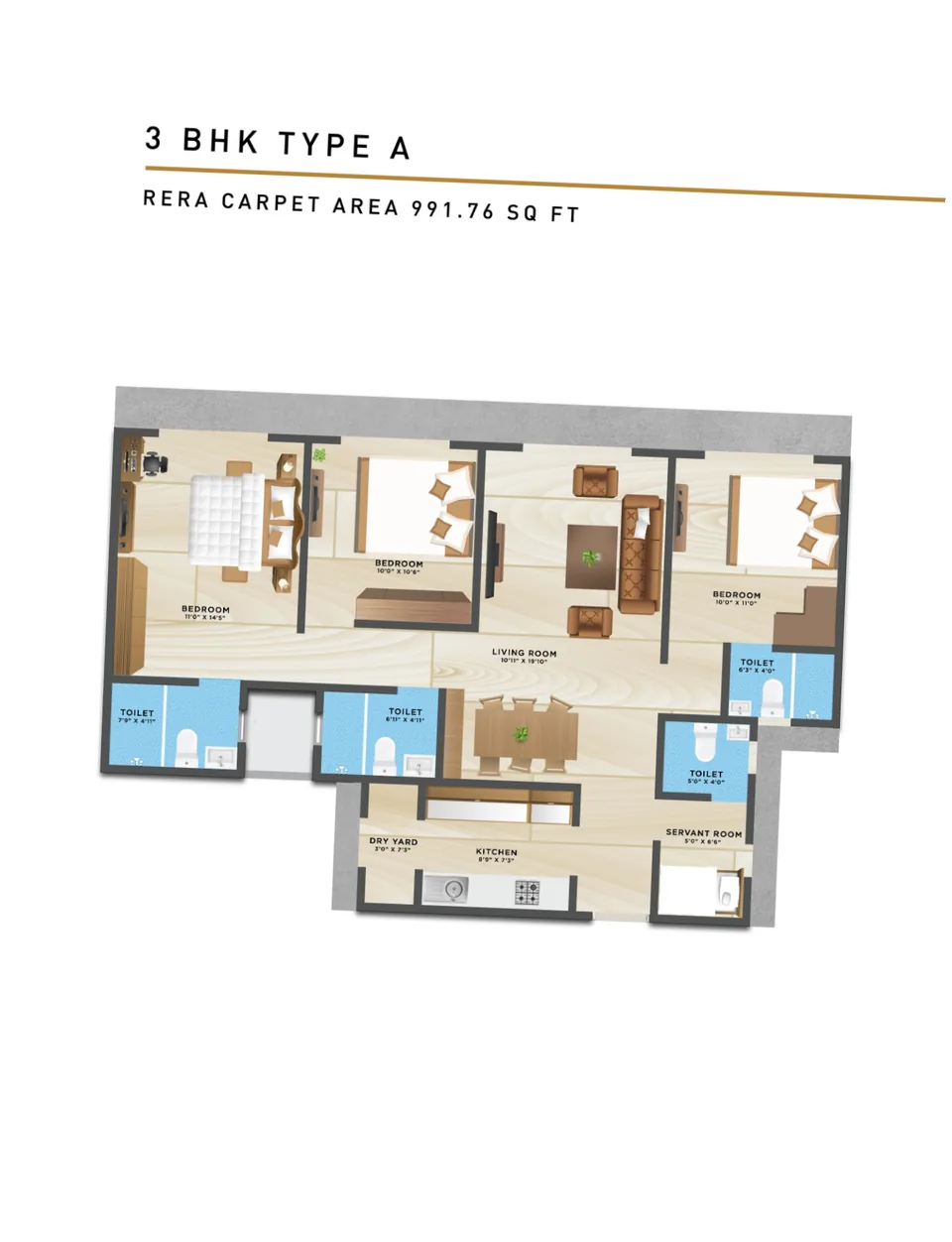3 BHK type A · 991.76 sq ft RERA carpet area