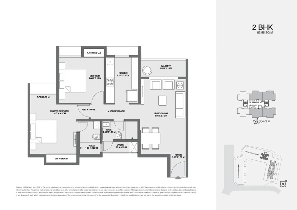 2 BHK · published layout 63.88 sq m