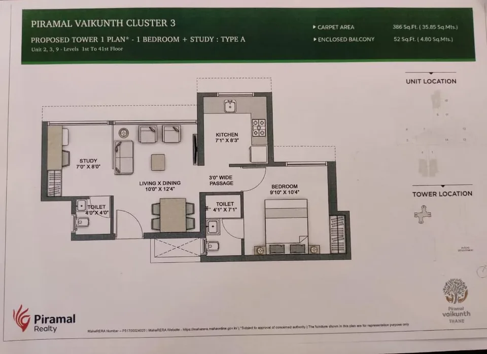 1 BHK + study · proposed Tower 1 layout