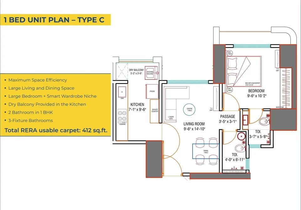 1 BHK Type C · published unit layout