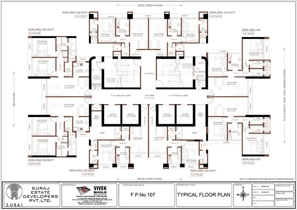 Typical floor · 1 and 2 BHK layouts; published dimensions intact