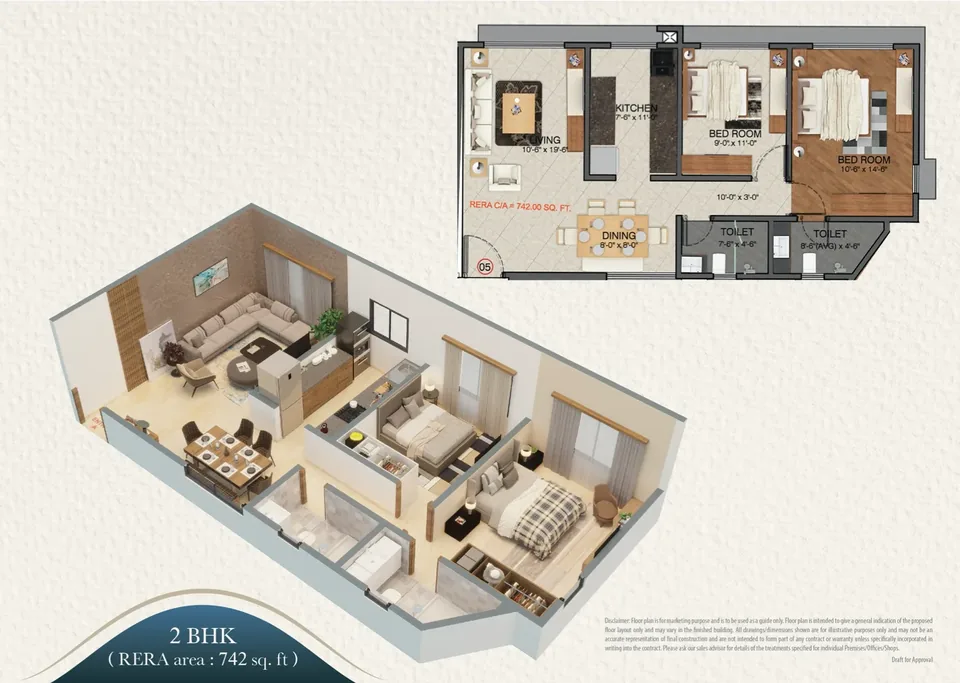 2 BHK · published 742 sq ft RERA carpet layout