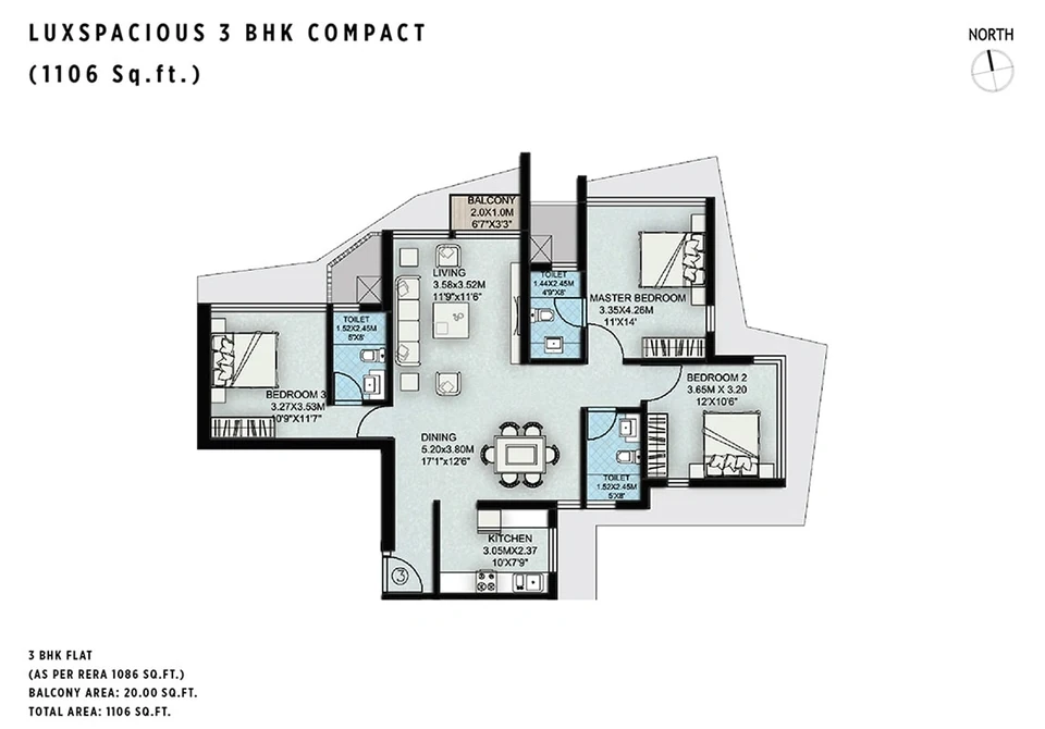 3 BHK compact · 1086 sq ft RERA carpet + 20 sq ft balcony