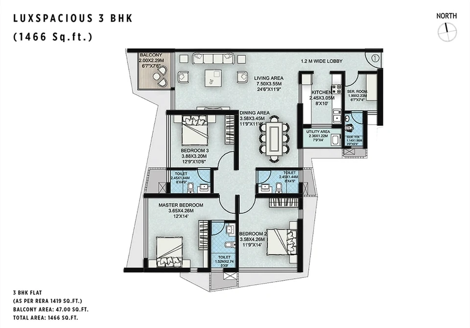 3 BHK · 1419 sq ft RERA carpet + 47 sq ft balcony