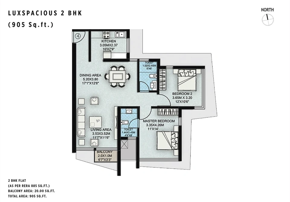 2 BHK · 885 sq ft RERA carpet + 20 sq ft balcony