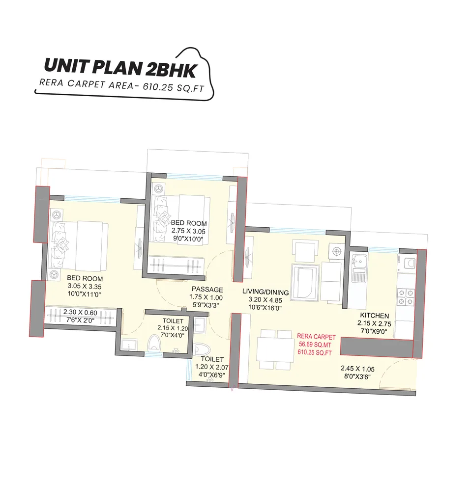2 BHK · 610.25 sq ft RERA carpet area; confirm phase/tower