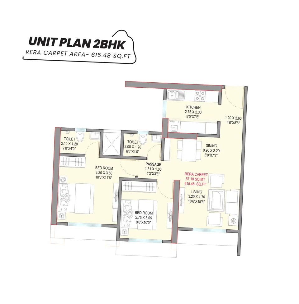 2 BHK · 615.48 sq ft RERA carpet area; confirm phase/tower