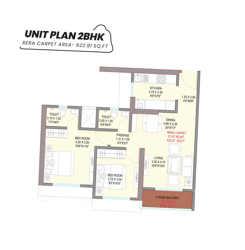 2 BHK · 622.91 sq ft RERA carpet area; confirm phase/tower