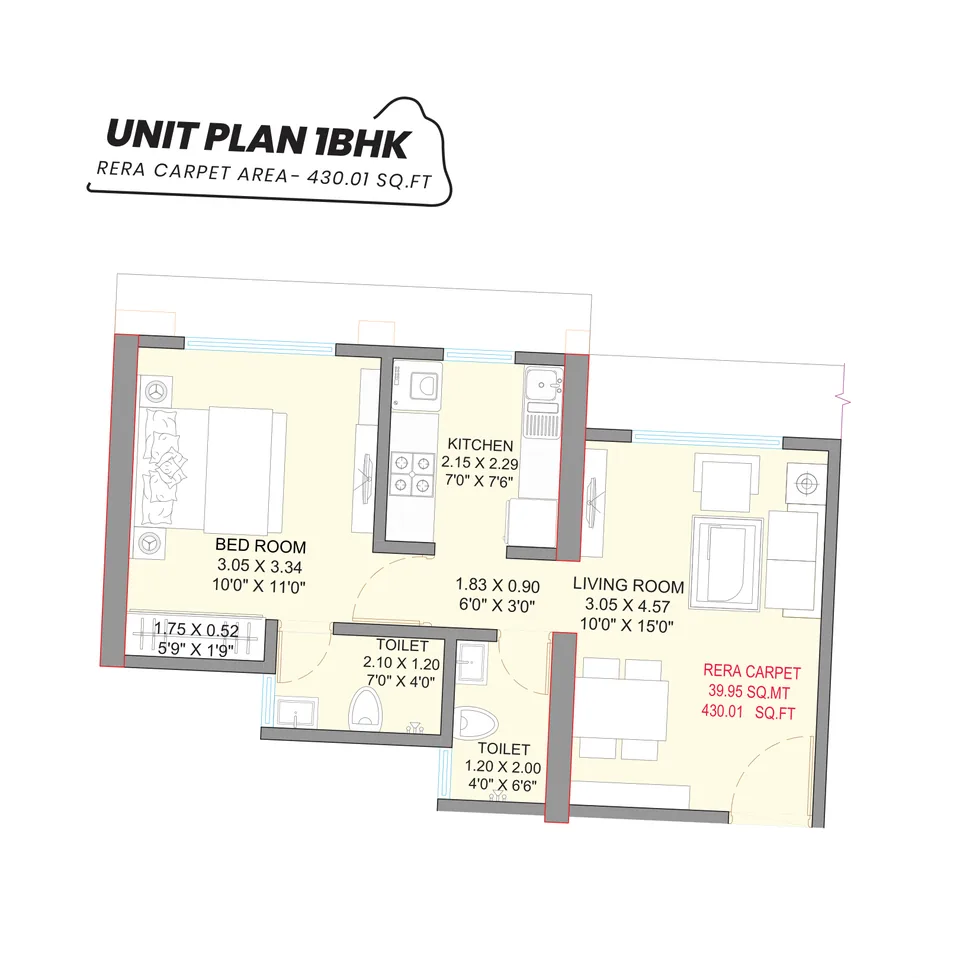1 BHK · 430.01 sq ft RERA carpet area; confirm phase/tower