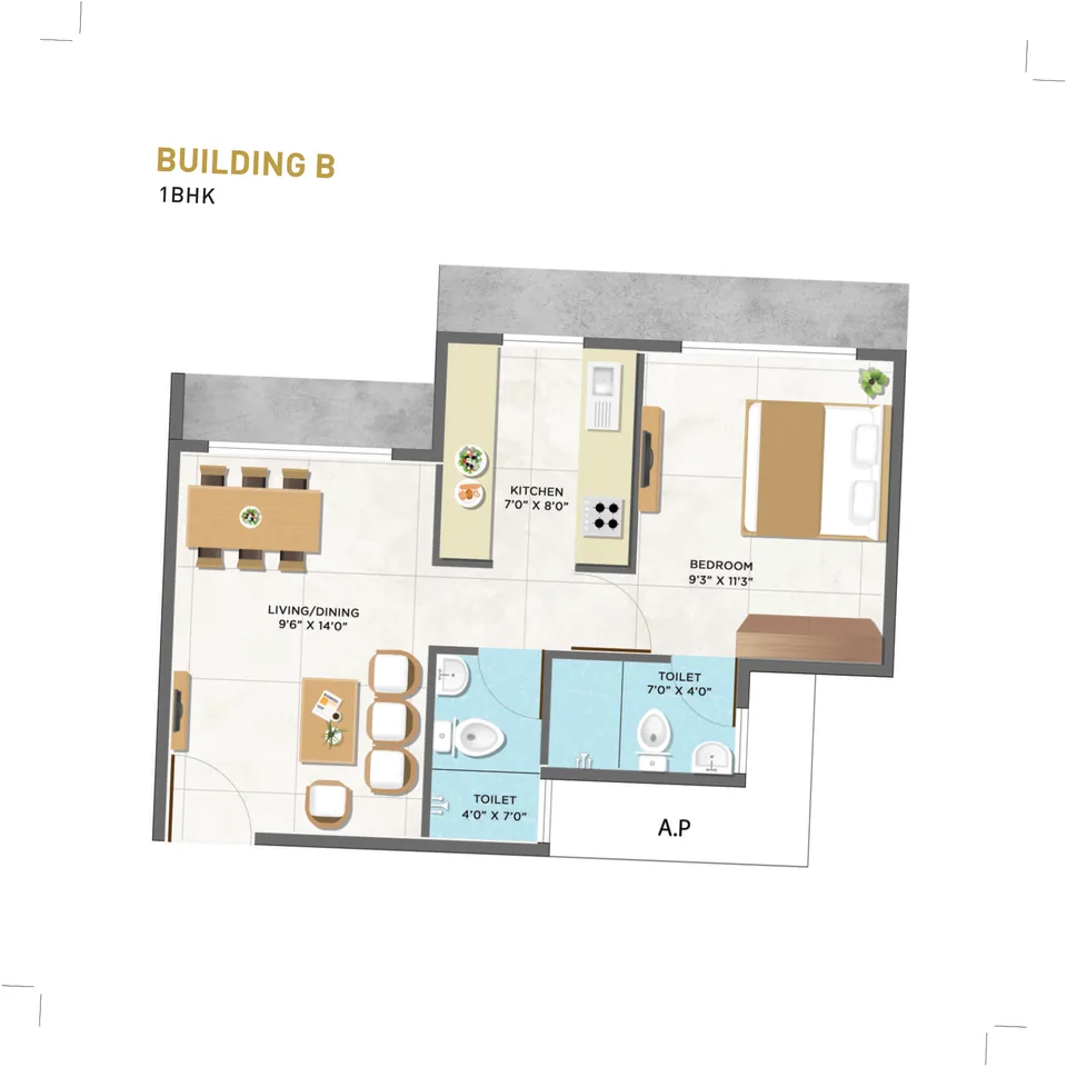 Building B · 1 BHK illustrative layout