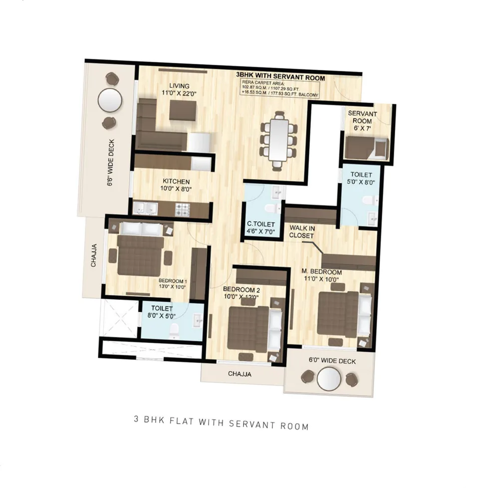 3 BHK with staff room · 1107.29 sq ft RERA carpet area, balcony extra