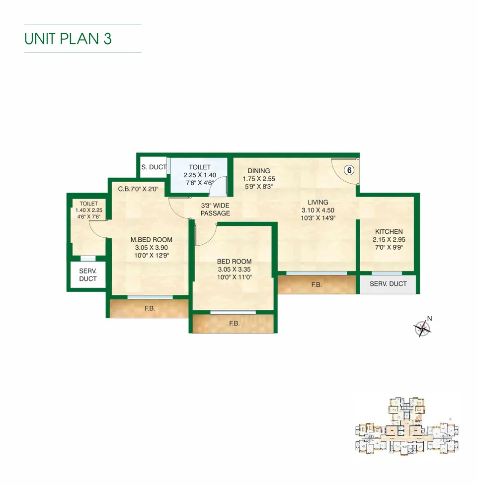 2 BHK · Unit plan 3, illustrative layout