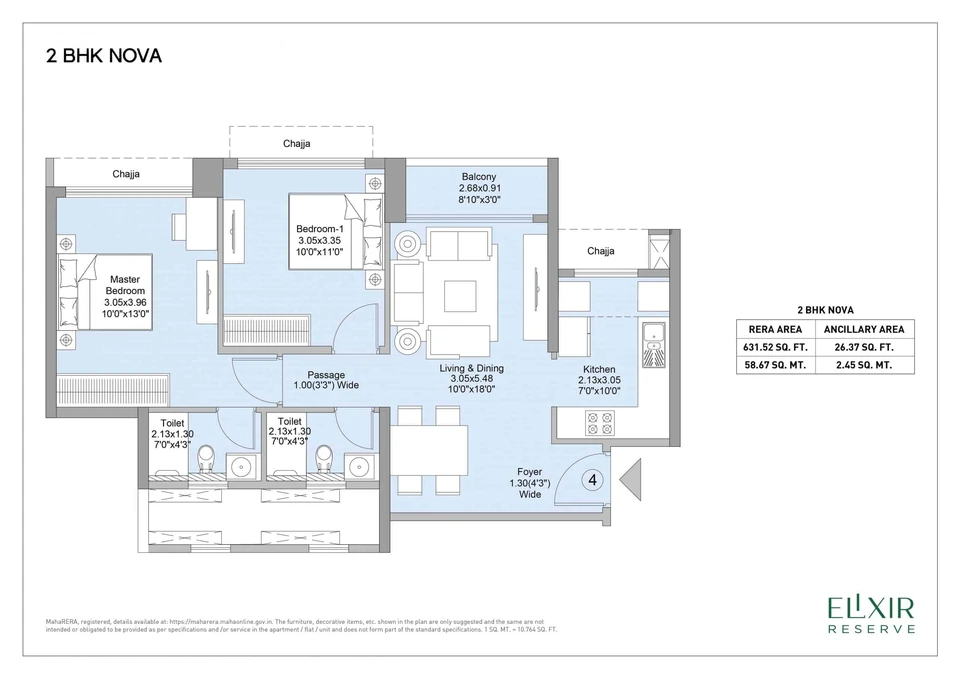 Nova published example: 631.52 sq ft RERA area; tower and current availability to confirm