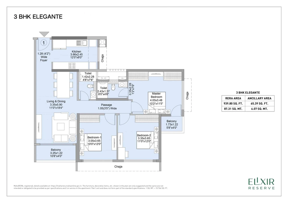 Elegante published example: 939.8 sq ft RERA area; tower and current availability to confirm