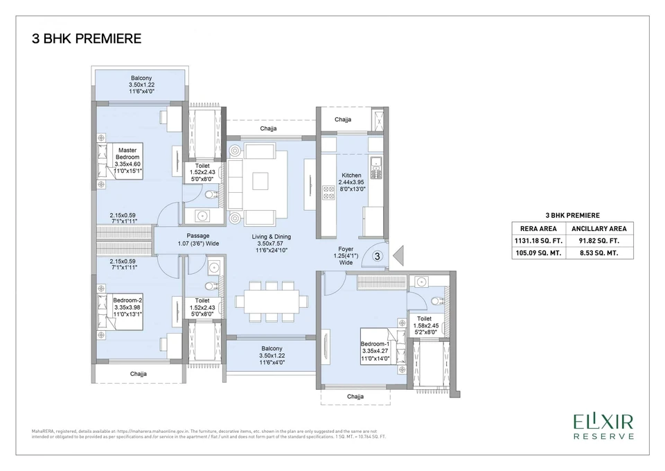 Premiere published example: 1131.18 sq ft RERA area; tower and current availability to confirm