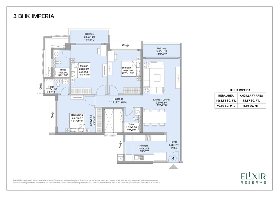 Imperia published example: 1065.85 sq ft RERA area; tower and current availability to confirm