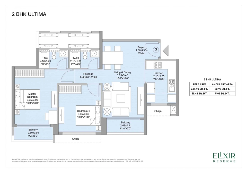 Ultima published example: 639.7 sq ft RERA area; tower and current availability to confirm