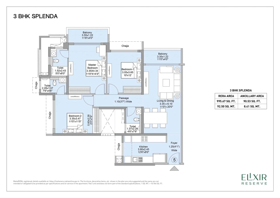 Splenda published example: 995.67 sq ft RERA area; tower and current availability to confirm