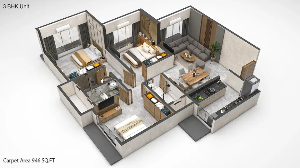 3 BHK layout · 946 sq ft carpet
