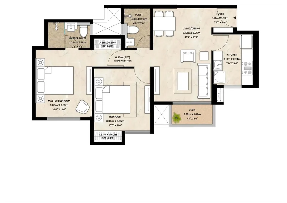 2 BHK — published unit plan; 628 sq ft carpet area